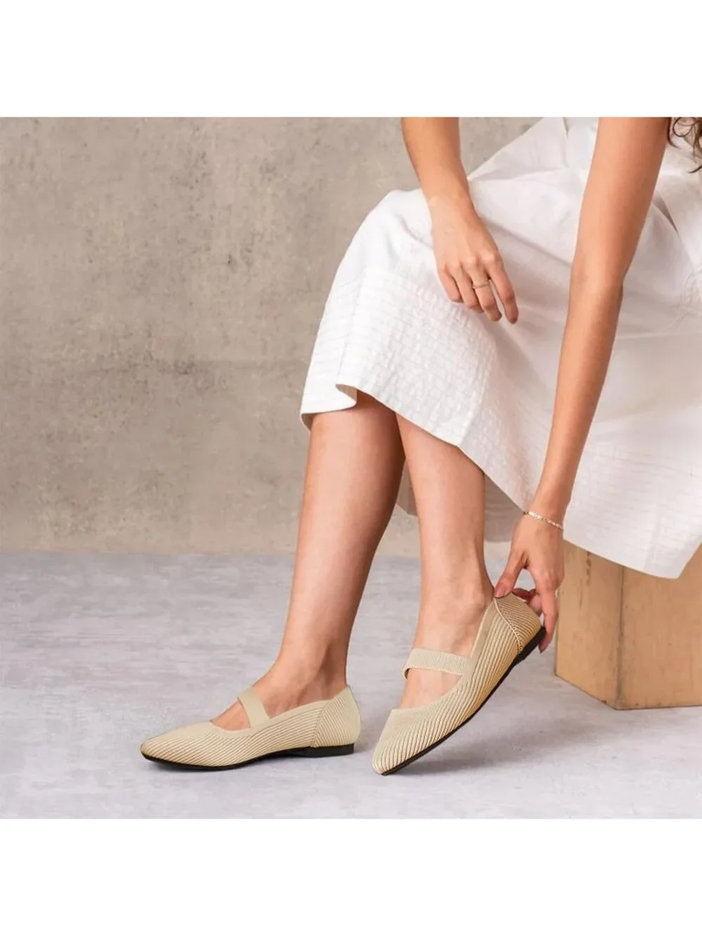 Women's Beige Knit Mary Jane Flats Pointed Toe Pull On Comfortable Flats Shoes